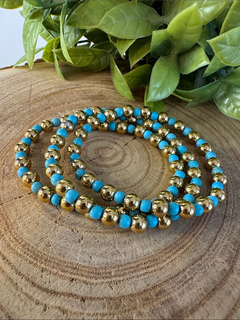 Metal Beaded Bohemian Bracelet Set Turquoise Gold Stack